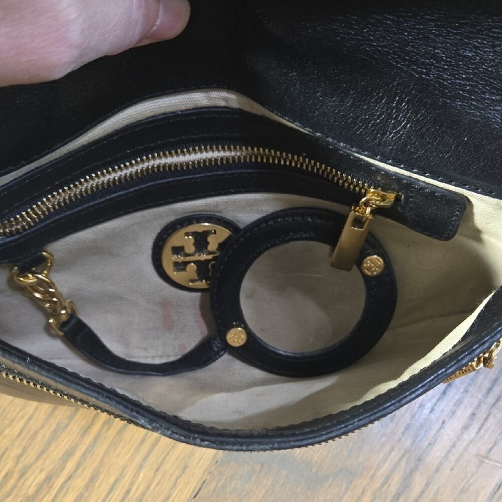 Tory Burch Black Leather Clutch with Gold Crossbody Chain - Picture 5 of 13